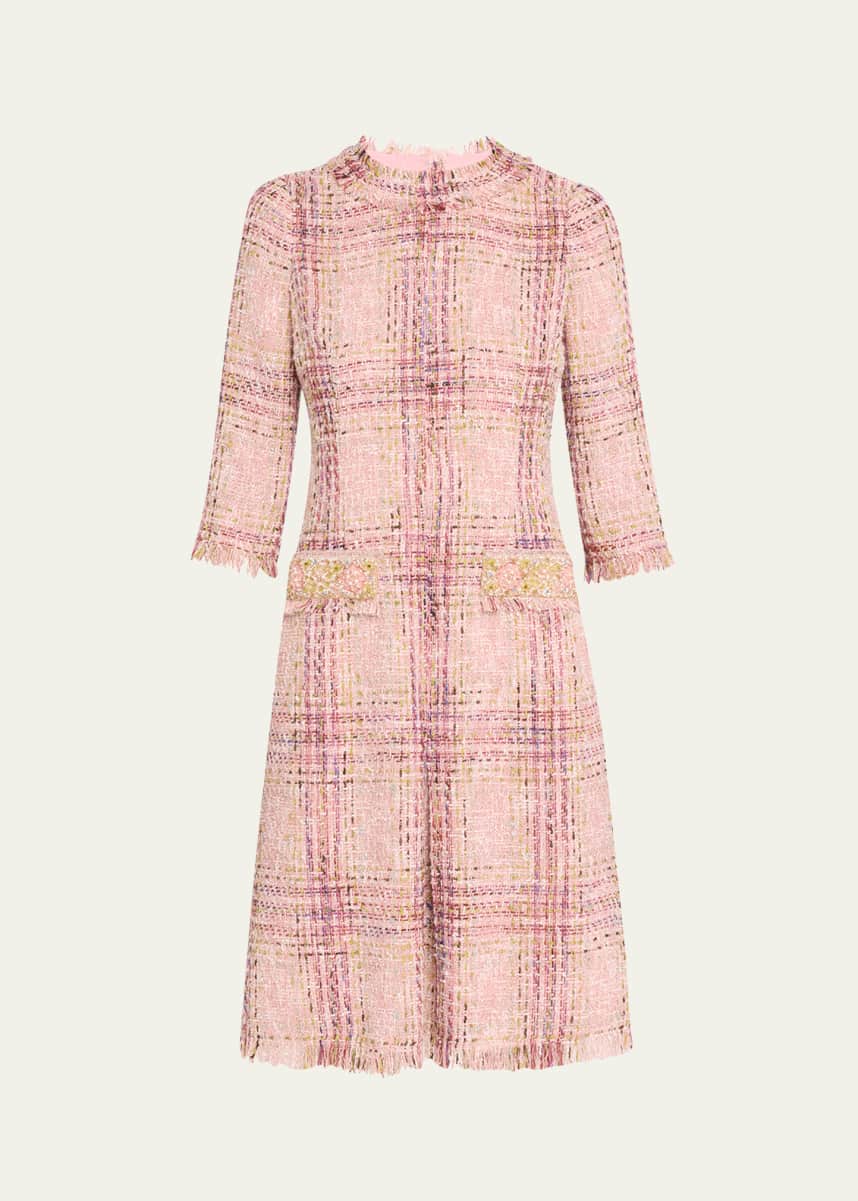 Rickie Freeman for Teri Jon Beaded Fringe-Trim Plaid Tweed Midi Dress