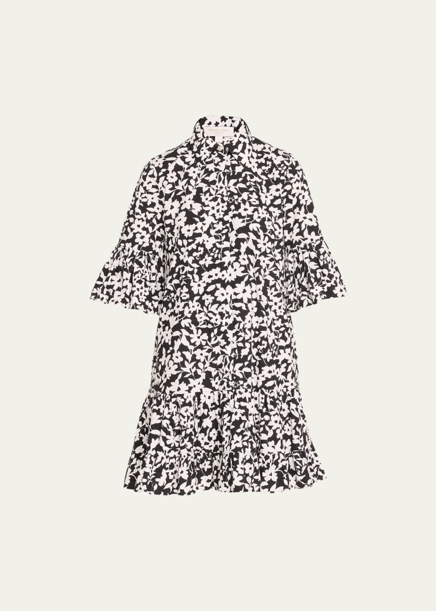 Michael Kors Collection Floral-Print Short-Sleeve Ruffle Poplin Mini Shirtdress