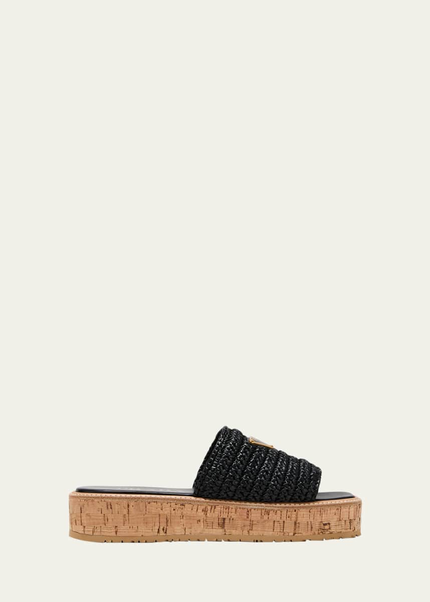 Prada Raffia Cork Flatform Slide Sandals