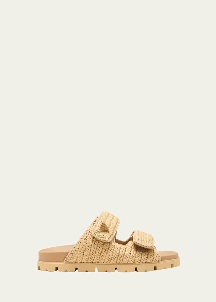 Prada Fussbett Raffia Dual Buckle Slide Sandals