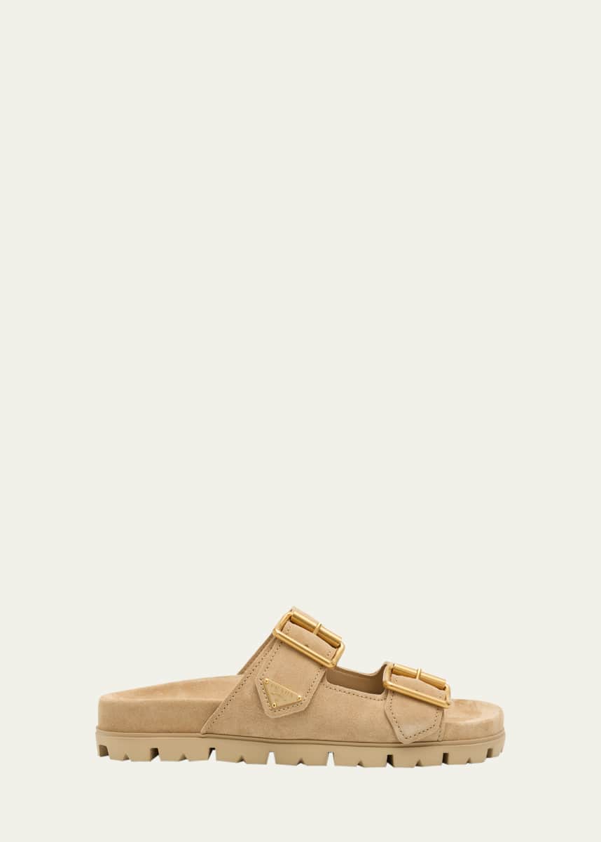 Prada Suede Double-Buckle Slide Sandals