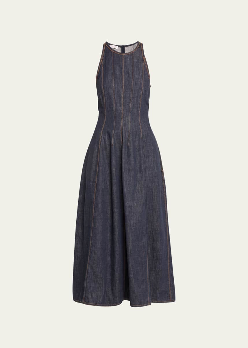 Brunello Cucinelli Glossy Denim Structured Midi Dress with Contrast Stitching