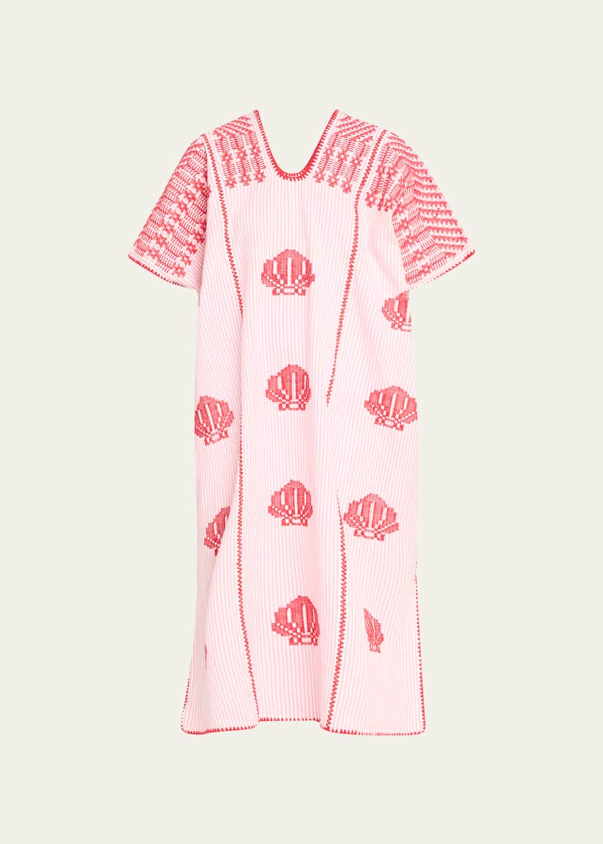 Pippa Holt Three-Panel Midi Kaftan in White and Pink Stripe with Red Shells Design