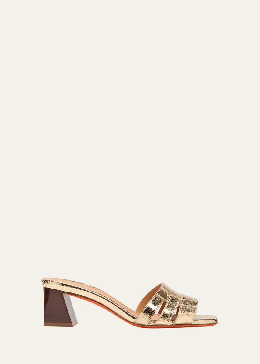 Santoni Venere Metallic Block-Heel Mule Sandals