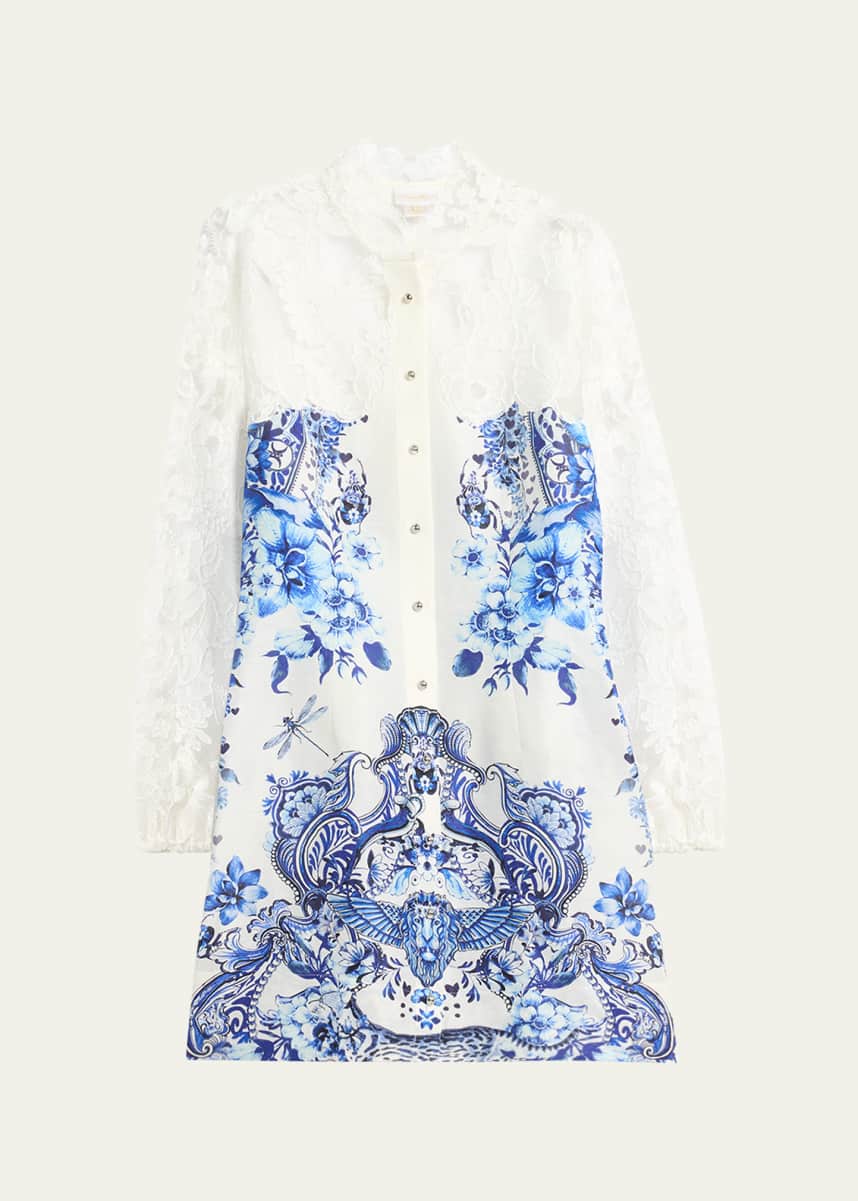 Camilla Butterfly Lace-Sleeve Button-Front Mini Dress