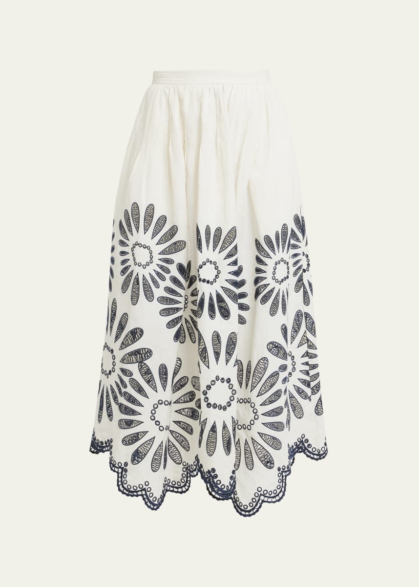 Ulla Johnson Annisa Embroidered Linen Cotton Scalloped Midi Skirt