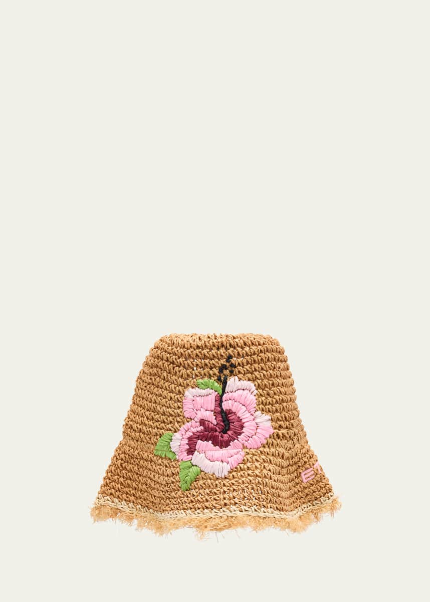 Etro Floral Embroidered Logo Paper Straw Bucket Hat