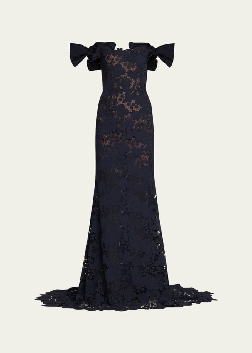 Oscar de la Renta Hand Crocheted Halter Lace Inset Dress in Navy