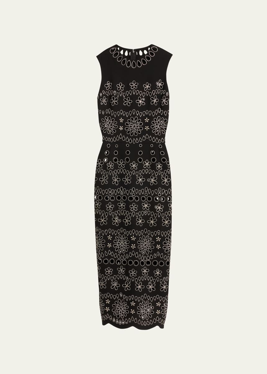 Oscar de la Renta Crystal Eyelet Embroidered Midi Pencil Dress