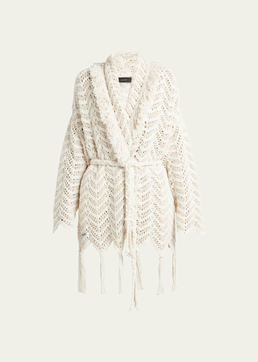 Alanui Natural Chevron Belted Cardigan with Fringe