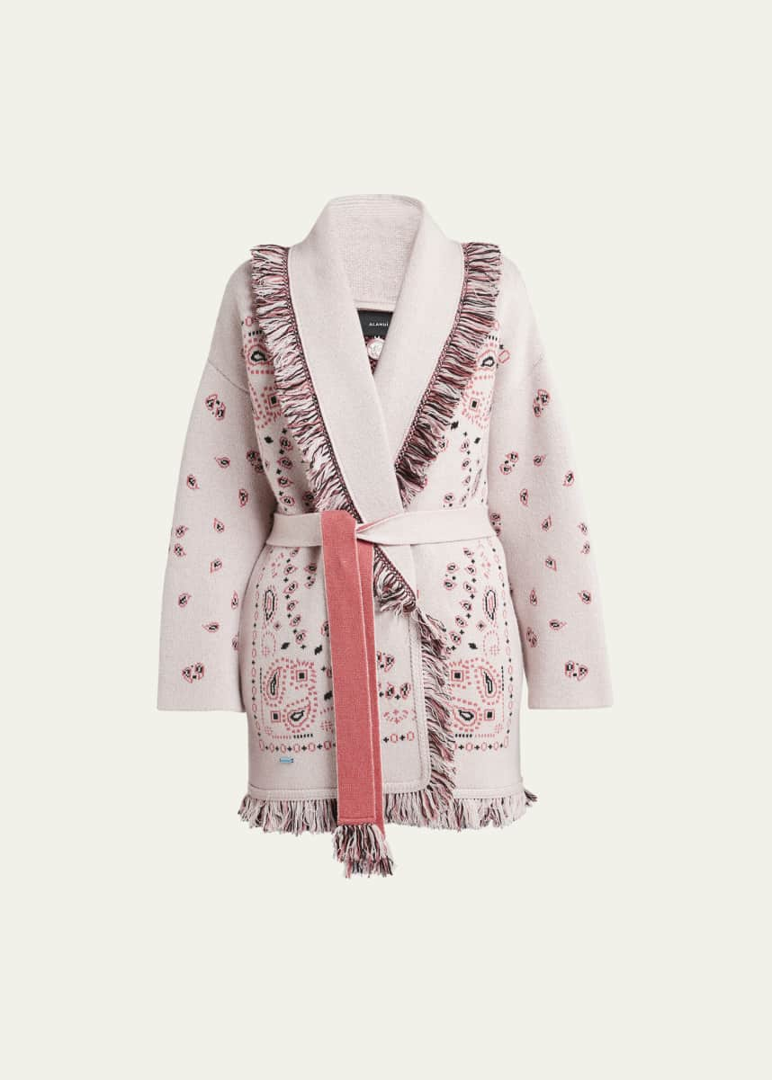 Alanui Jacquard Bandana Fringe Belted Cashmere Cardigan, Pink