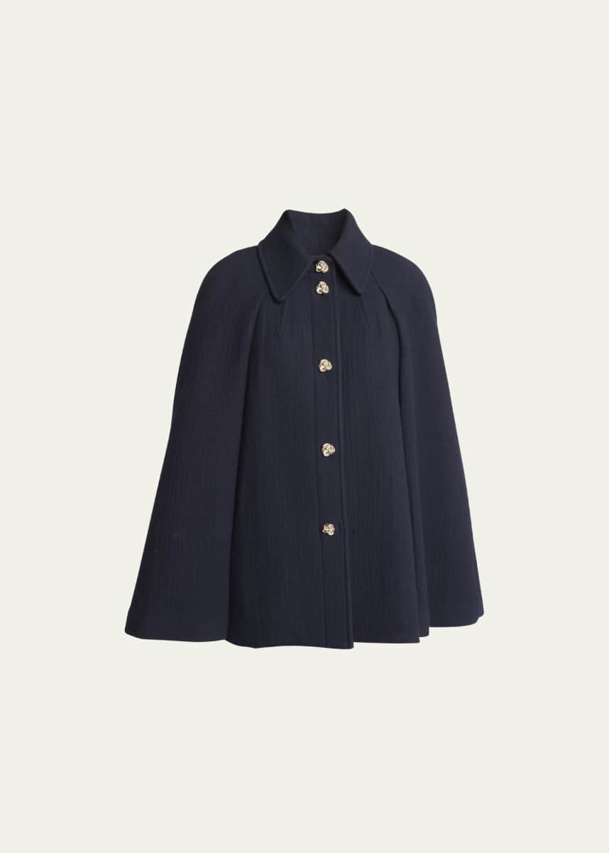 Chloe Waffle Wool Short Cape Coat with Knot Buttons
