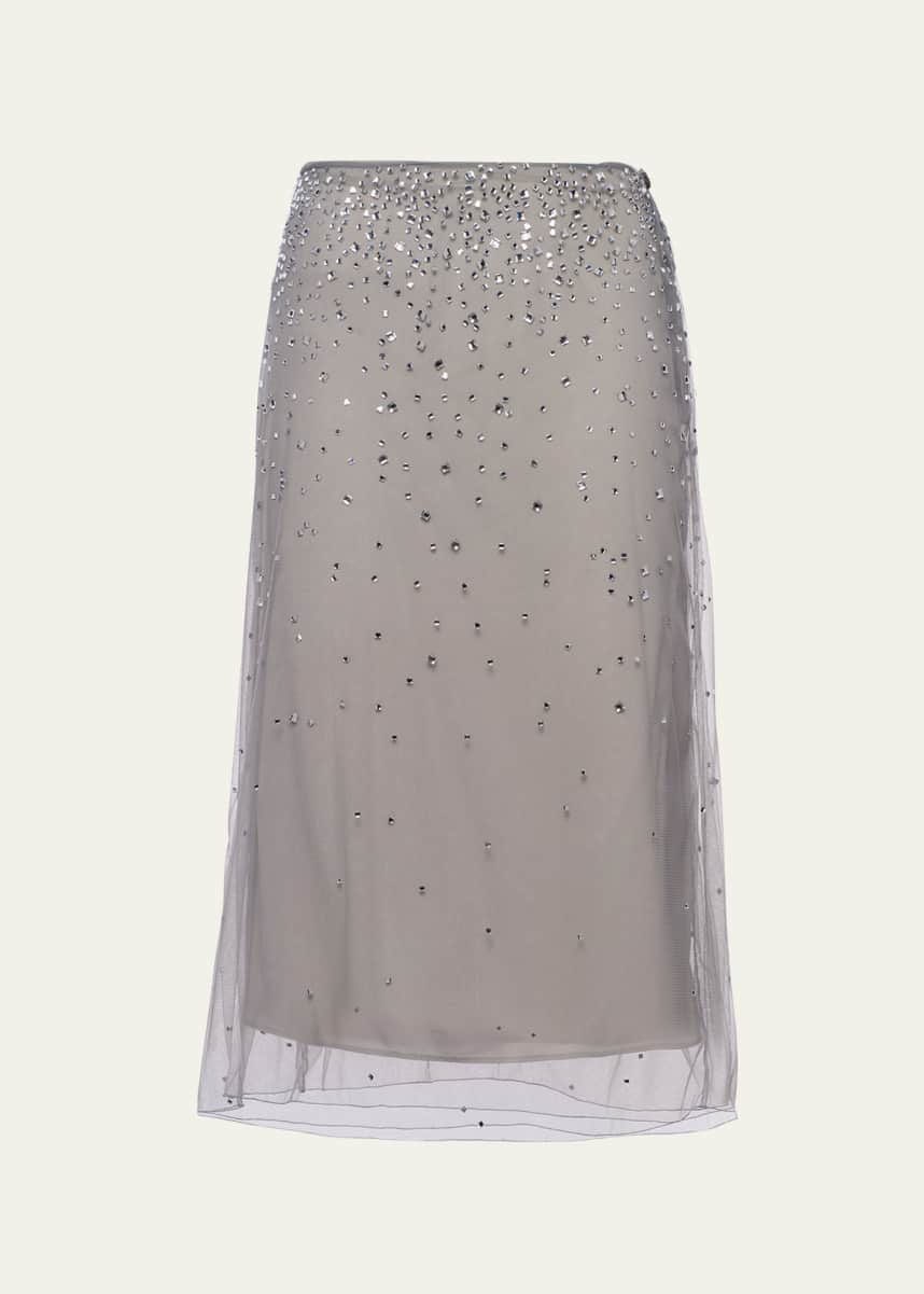 Prada Crystal-Studded Tulle Midi Skirt