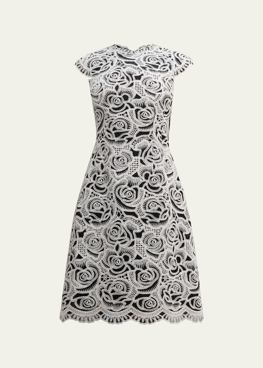 Rickie Freeman for Teri Jon Cap-Sleeve Floral Lace Midi Dress