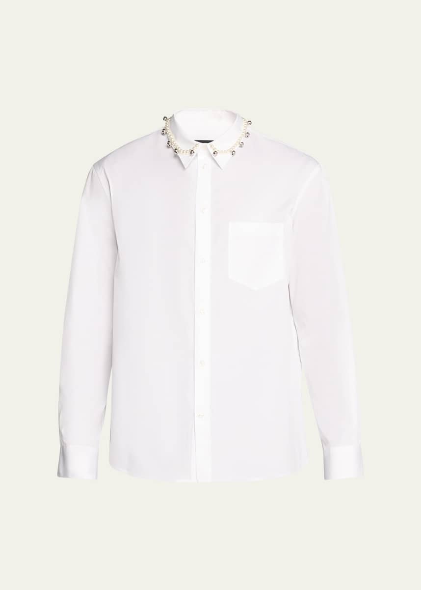 Simone Rocha Men's Poplin Beaded Bell Collar Sport Shirt