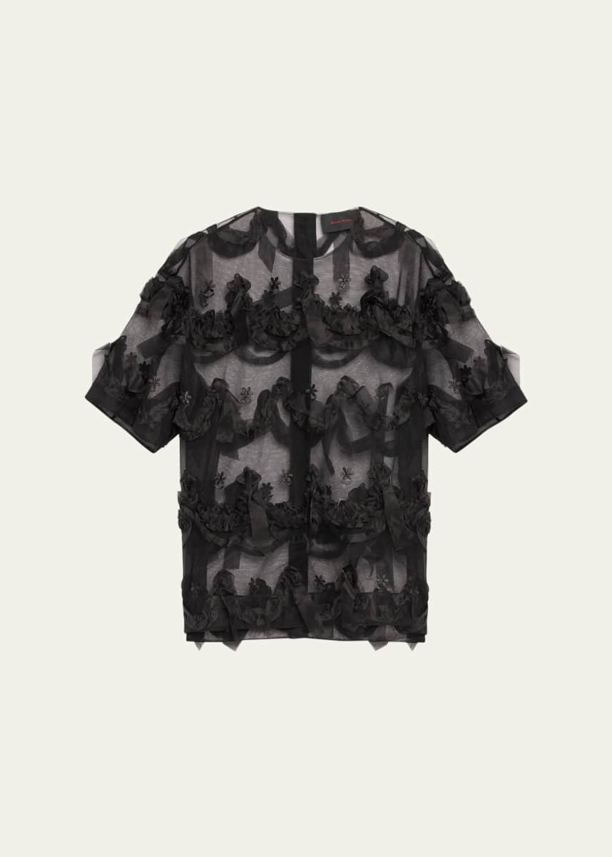 Simone Rocha Men's Tulle Embroidered Short-Sleeve Shirt