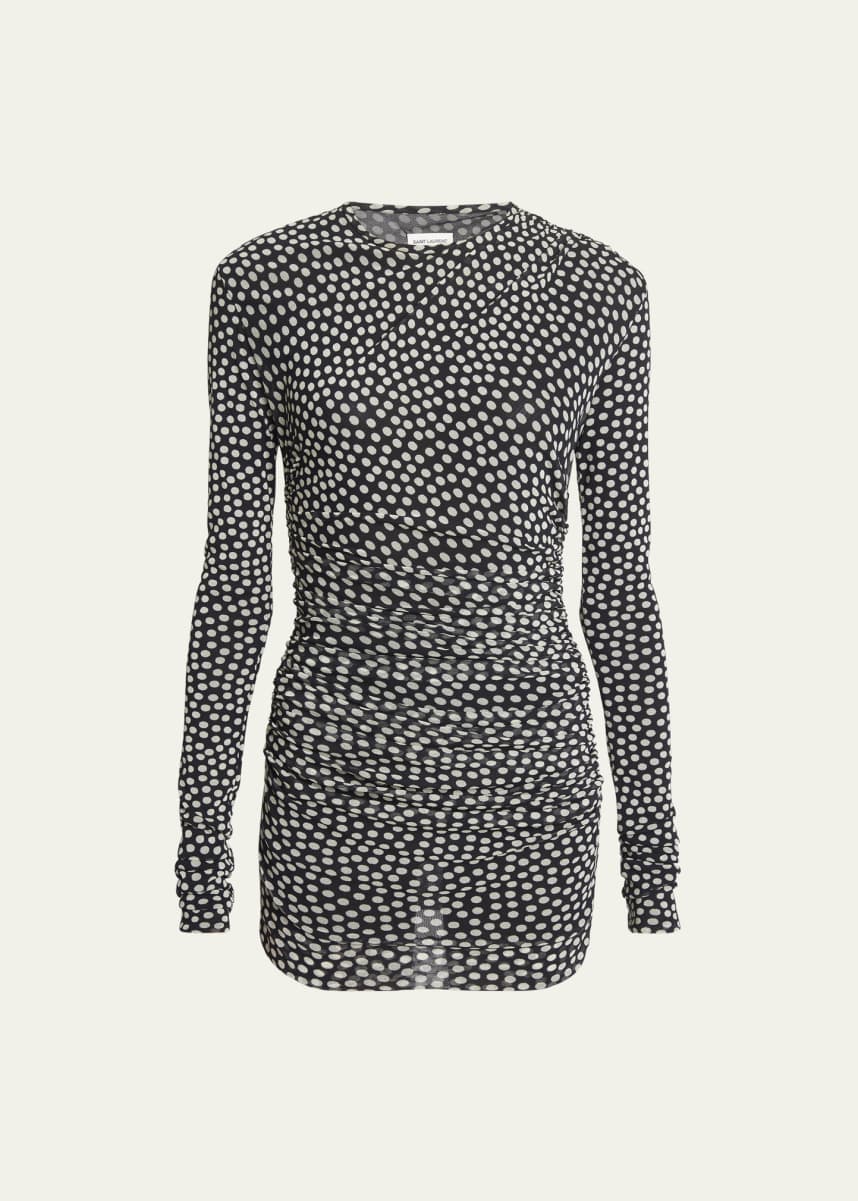 Saint Laurent Ruched Polka Dot Mini Dress