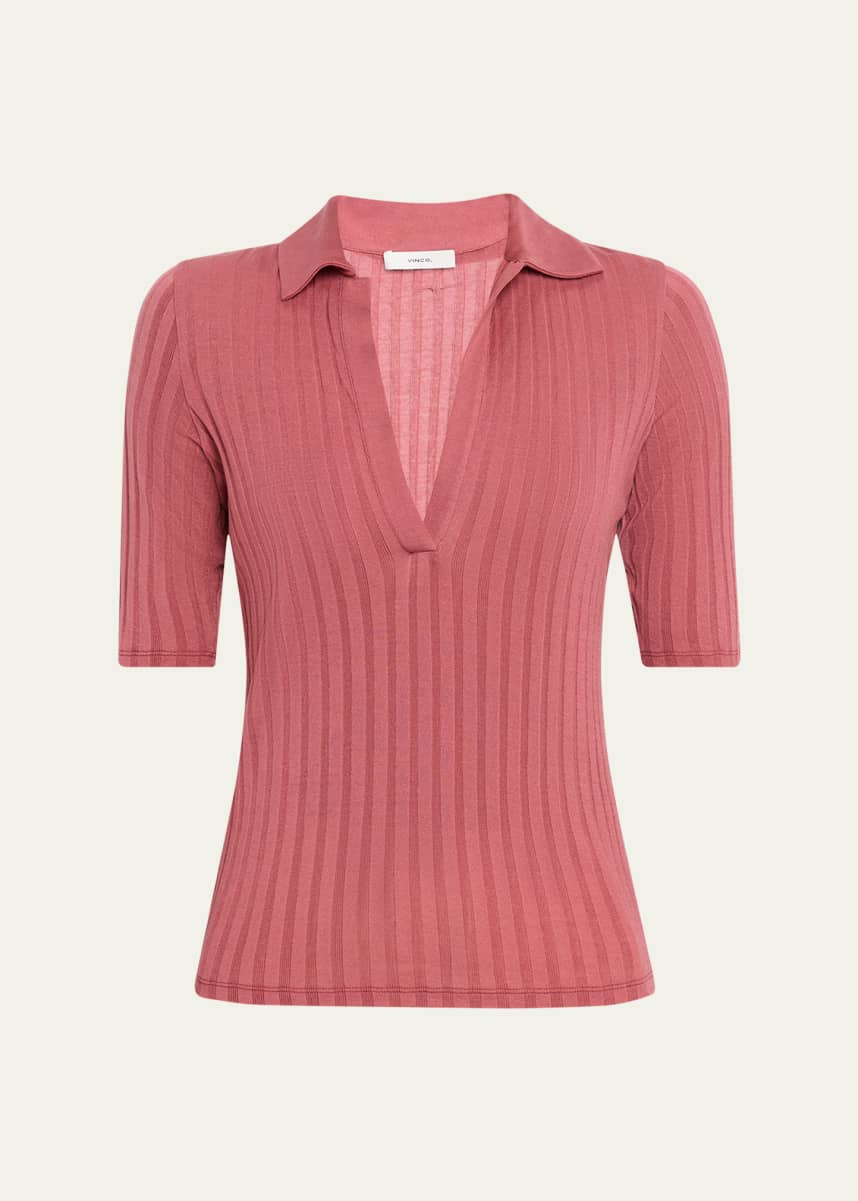 Vince Elbow-Sleeve Silk Rib Polo Shirt
