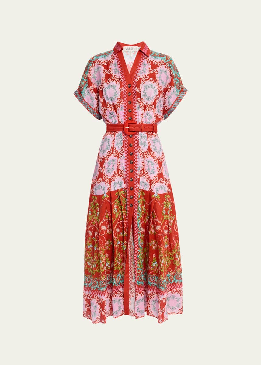 Saloni Riya-B Belted Floral Linen Maxi Shirt Dress