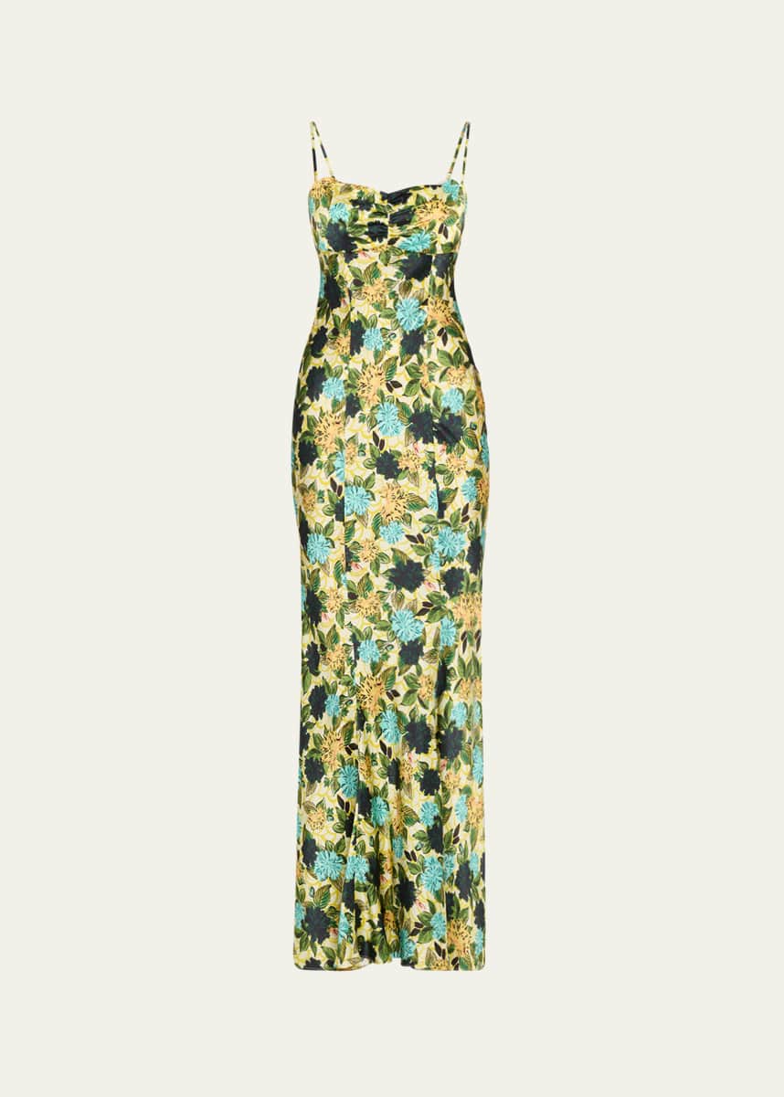 Saloni Renee Long Floral Silk Spaghetti-Strap Dress