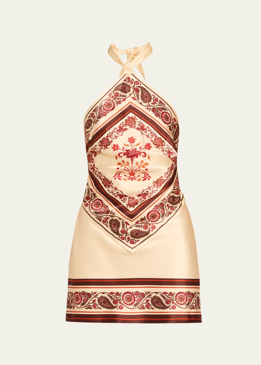 Retrofete Adelaide Floral Silk Knotted Halter Overlay Mini Dress