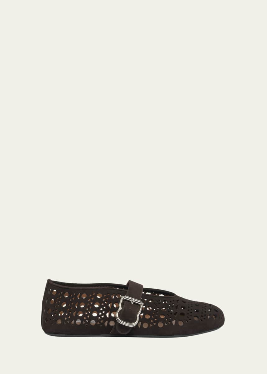 ALAIA Vienne Perforated Suede Buckle Ballerina Flats