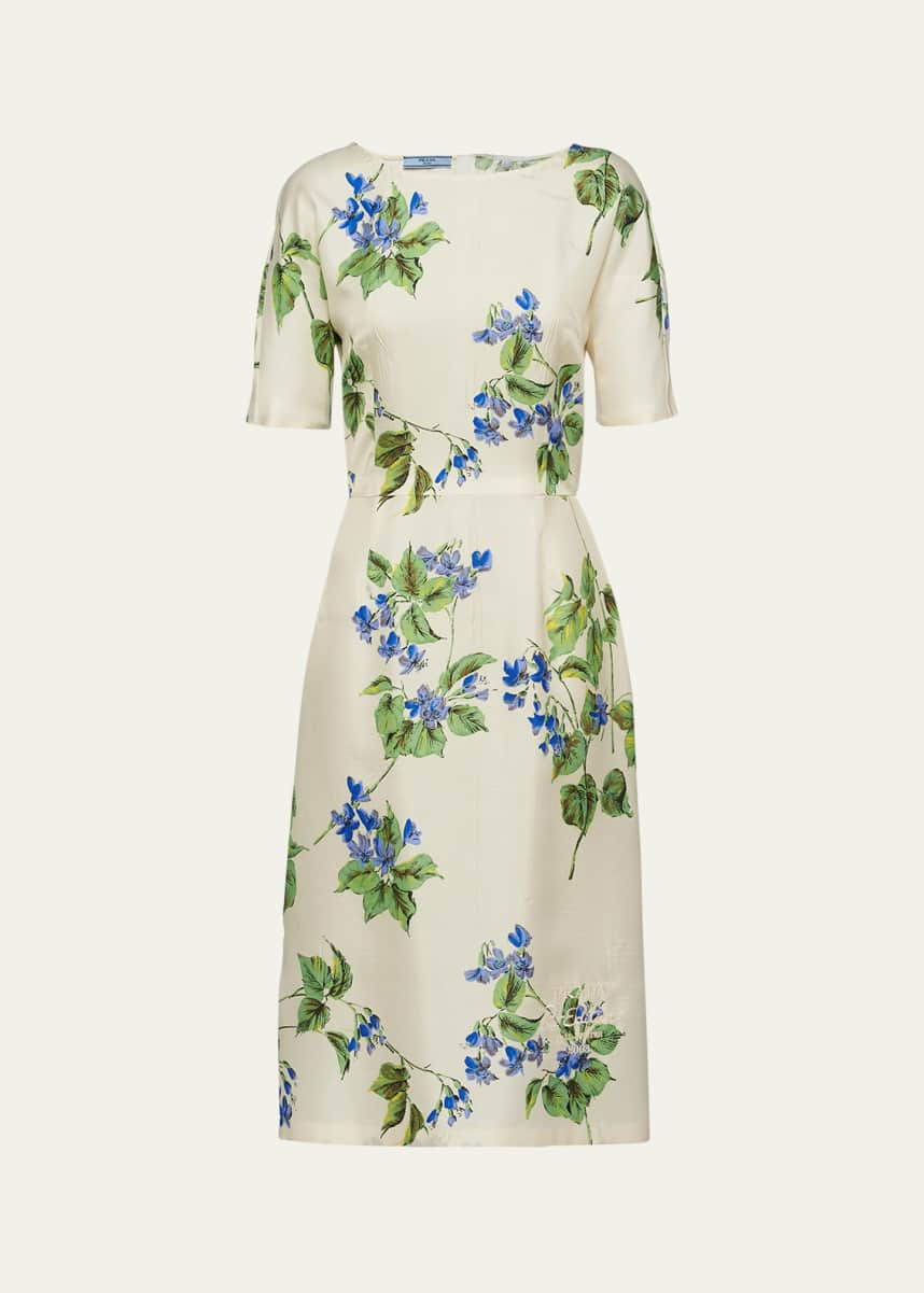 Prada Viola Floral-Print Silk Short-Sleeve Midi Dress