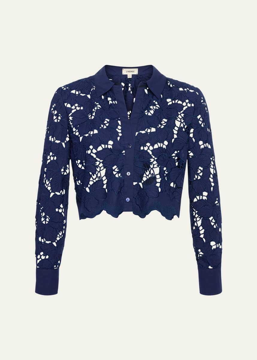 L'Agence Seychelle Floral Eyelet-Embroidered Cropped Shirt
