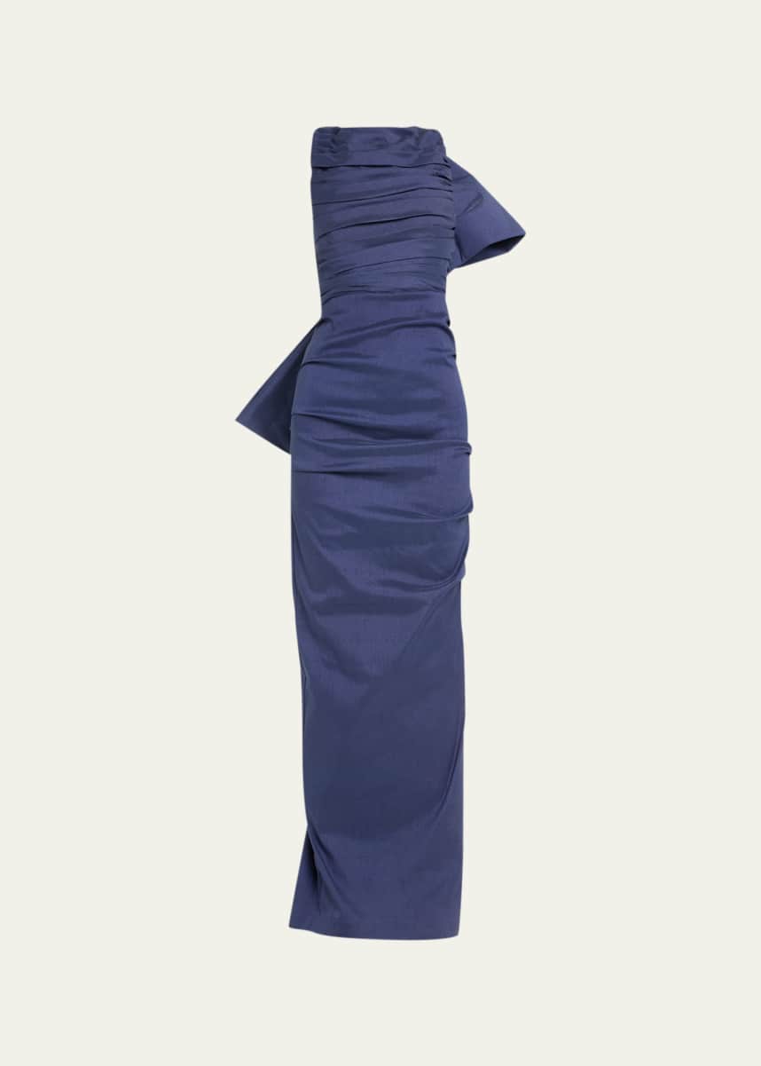 Rachel Gilbert Zora Ruched Taffeta Gown with Back Bow