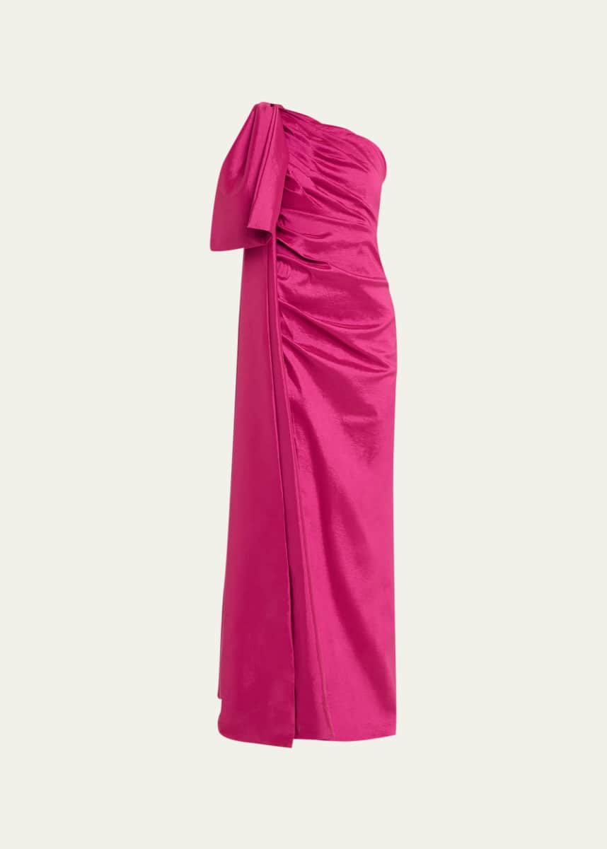 Rachel Gilbert Alessandra Ruched One-Shoulder Bow Column Gown