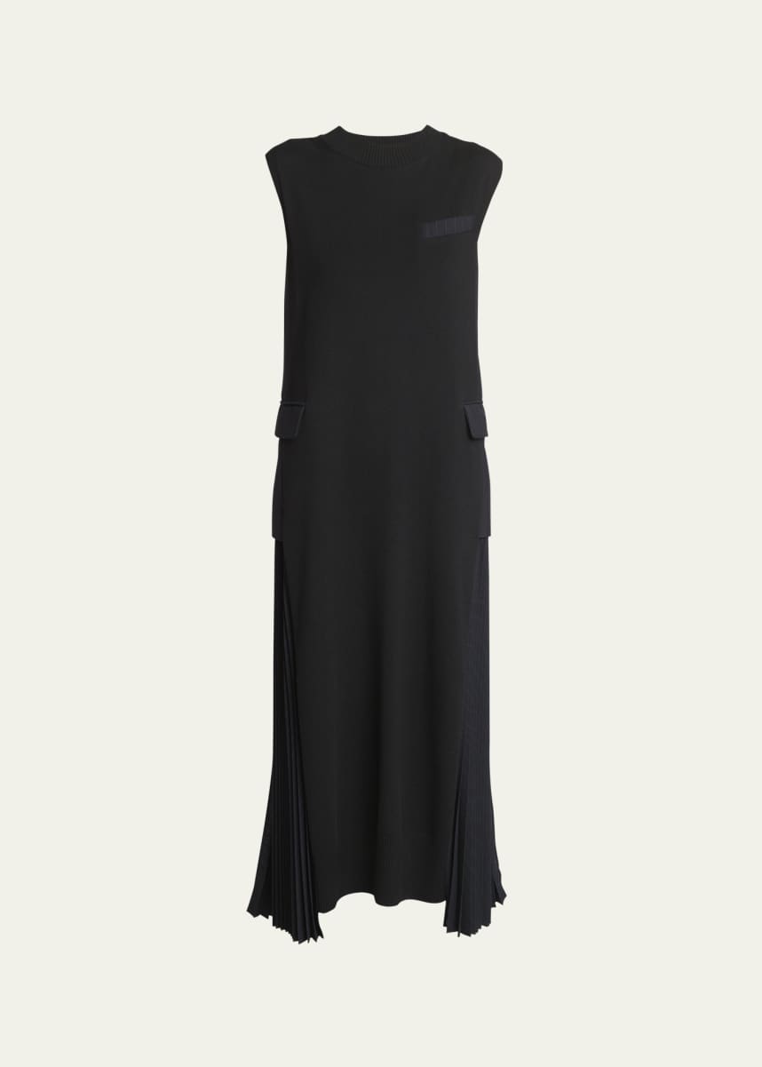 SACAI Sleeveless Mock-Neck Pleated Midi Dress with Pocket Detail