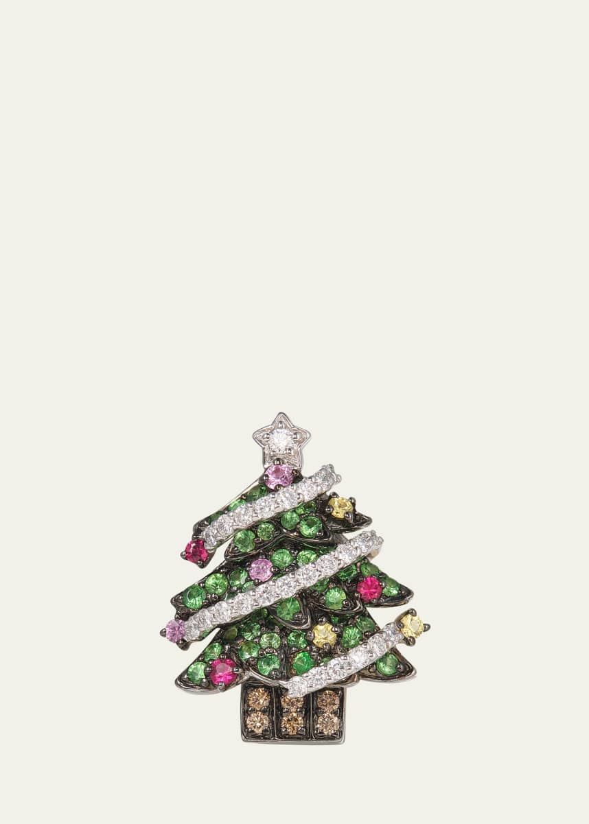 Mio Harutaka 18K White Gold Christmas Tree Brooch with Diamonds and Gemstones