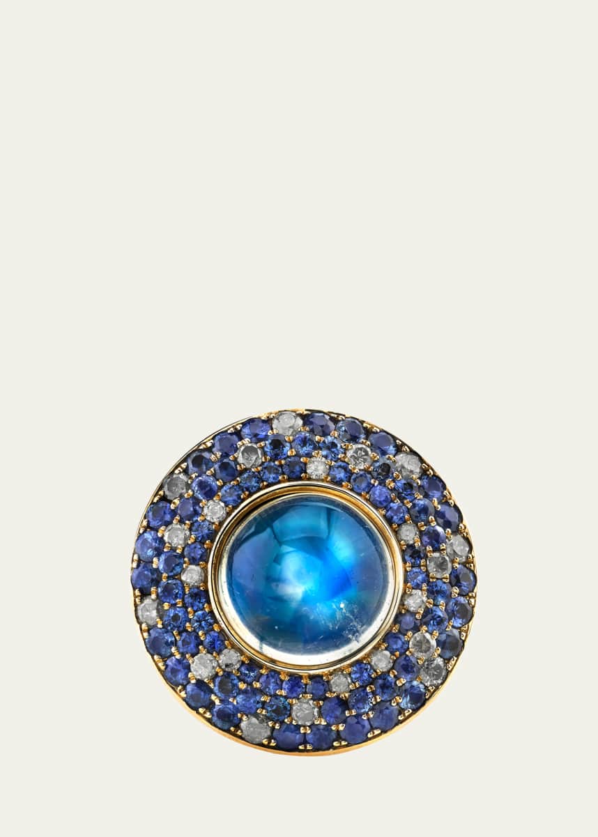 Vram One of a Kind UFO 18K Yellow Gold Moonstone Ring with Sapphire and Diamonds, Size 6.5