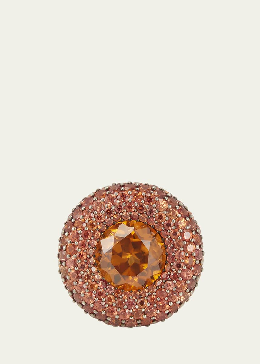 Vram One of a Kind 18K Yellow Gold and Silver Ring with Orange Zircon and Sapphires, Size 5.75