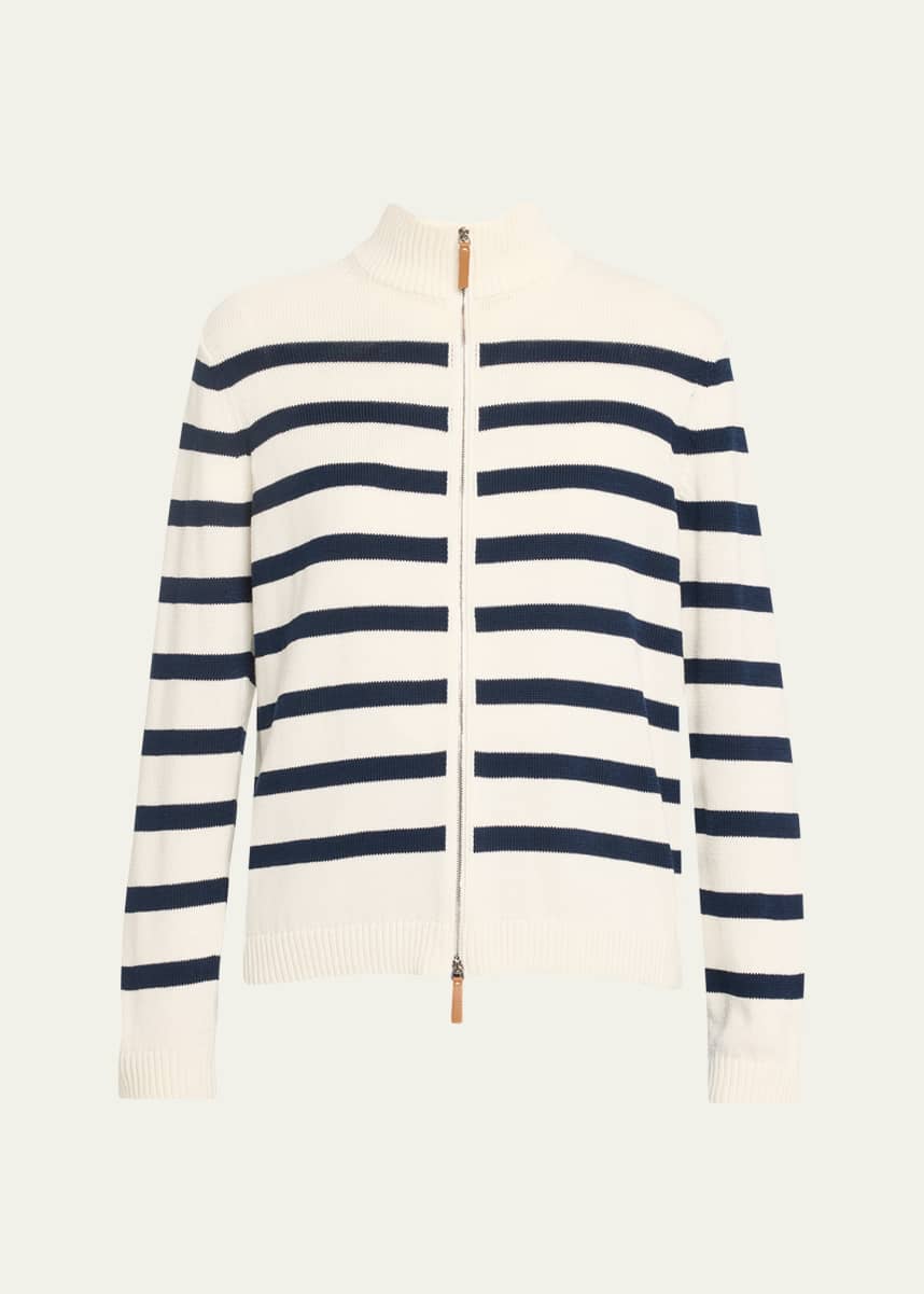 Lafayette 148 New York Striped Zip-Front Cotton-Silk Cardigan