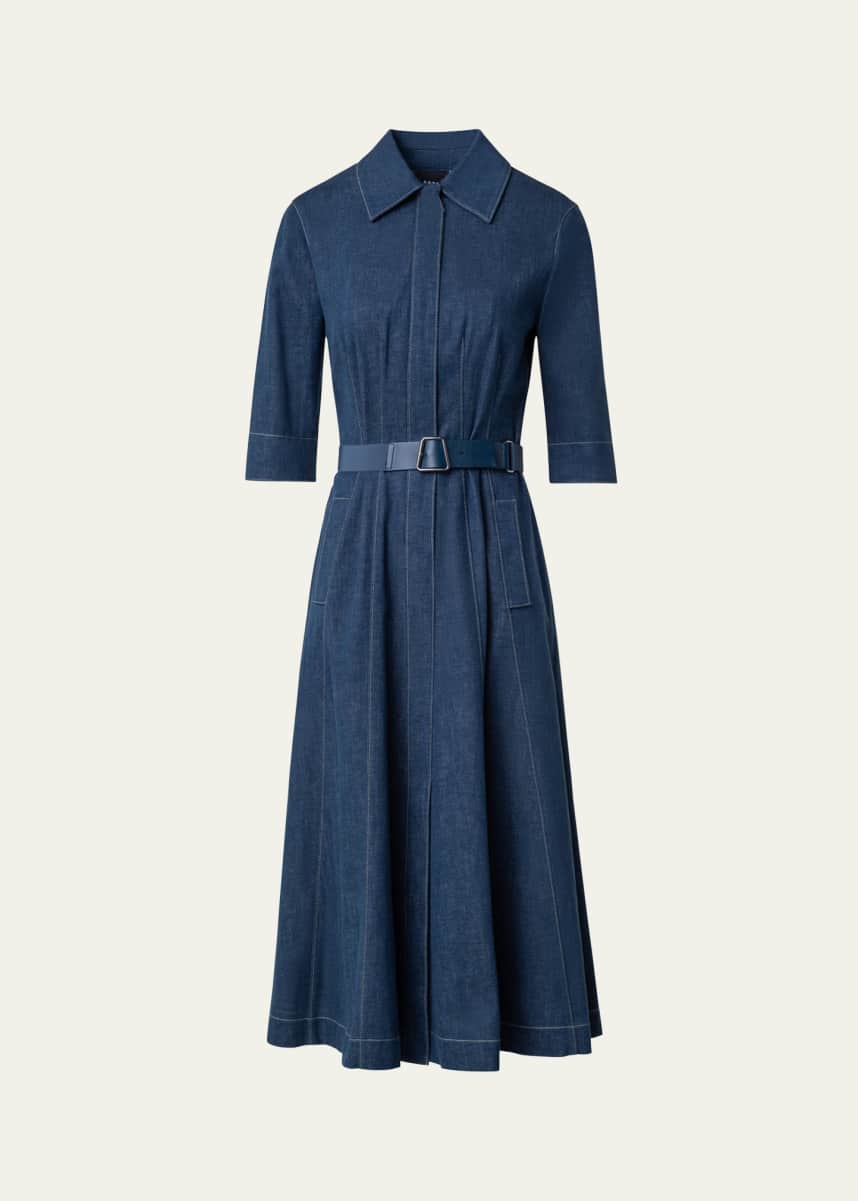 Akris Belted Cotton Denim Midi Dress with Contrast Stitching