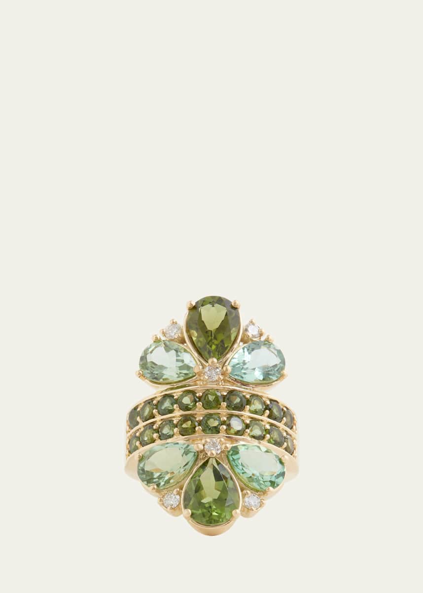 Jamie Wolf 18K Yellow Gold Pear Shape Green Tourmaline and Diamond Mirrored Ring