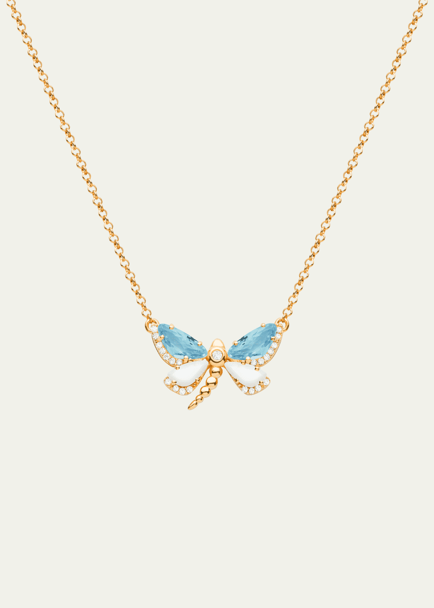 Daniella Kronfle 18K Rose Gold Petite Dragonfly Necklace with Topaz, Agate, and Diamonds