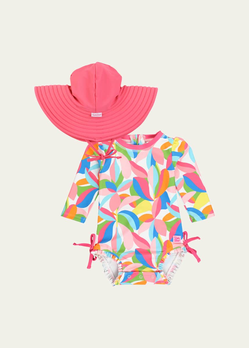 RuffleButts Girl's Tropical One-Piece Rash Guard and Hat Set, Size 0M-3T