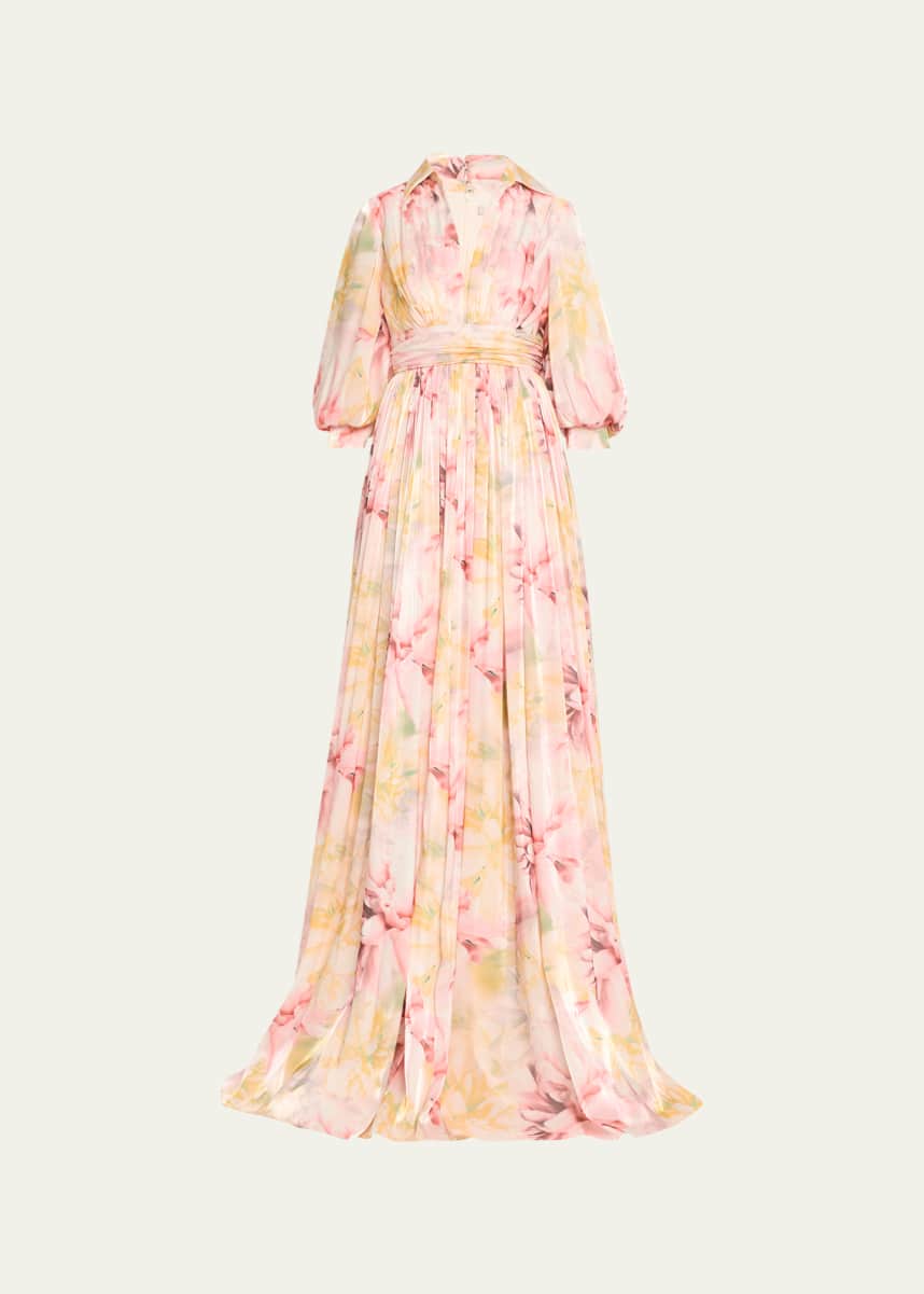Badgley Mischka Collection Blouson-Sleeve Shimmer Floral-Print Empire Gown