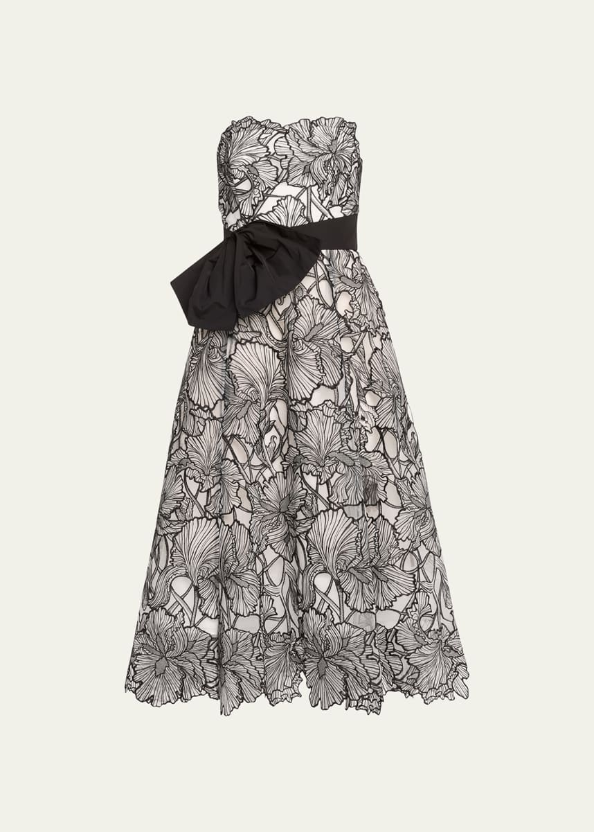 Marchesa Notte Strapless Floral-Embroidered Bow Midi Dress