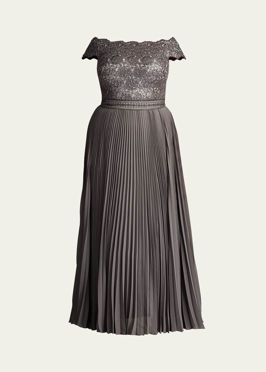 Tadashi Shoji Plus Size Off-Shoulder Pleated Sequin Lace Gown