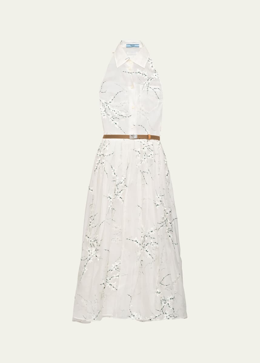 Prada Floral Embroidered Organza Fit-Flare Midi Dress