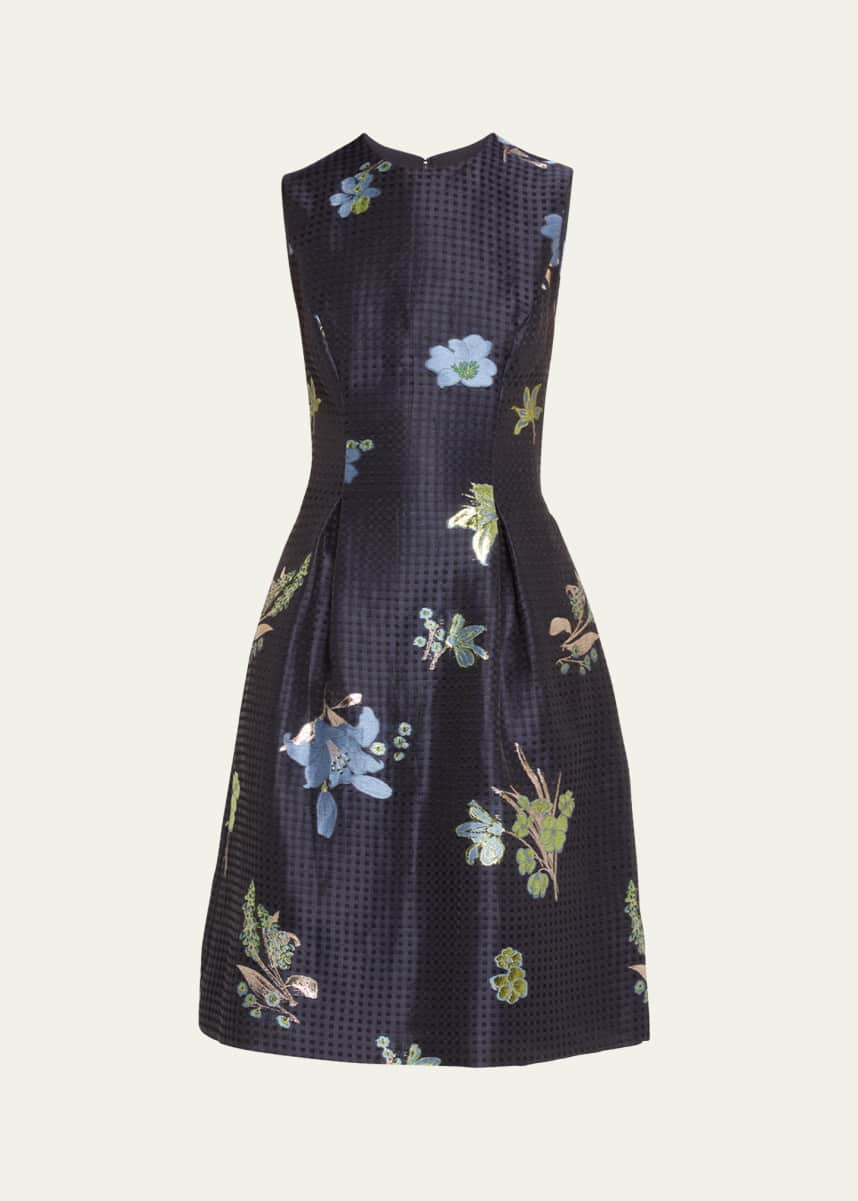 Lela Rose Betsy Metallic Floral Gingham Jacquard Sleeveless Dress
