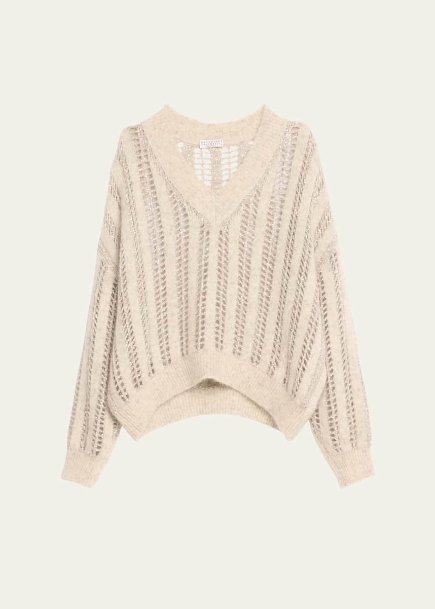 Brunello Cucinelli Mohair Wool Lattice Knit Sweater with Paillette Detail