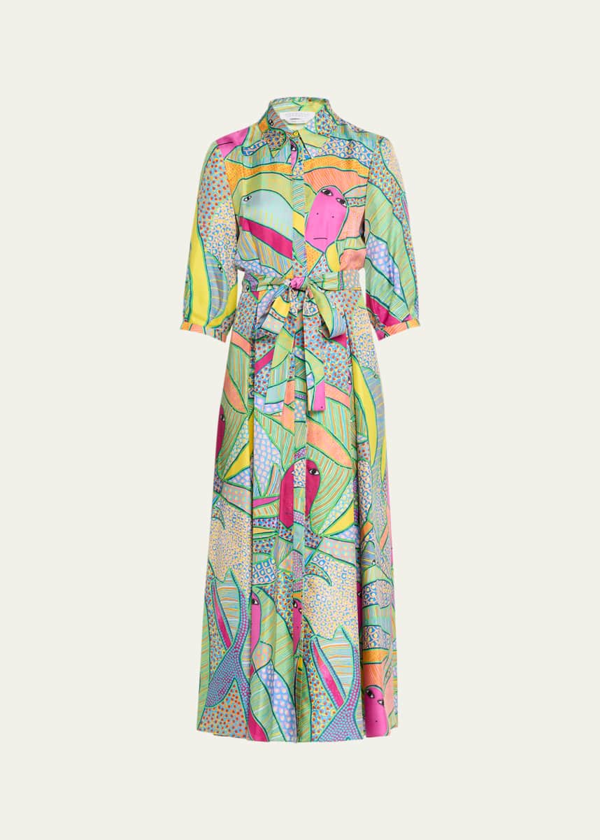Gabriela Hearst Andy Abstract-Print 3/4-Sleeve Belted Silk Maxi Shirtdress
