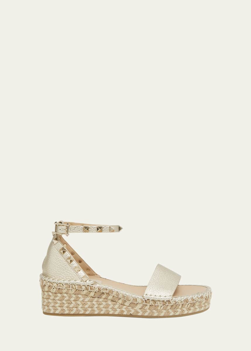 Valentino Garavani Rockstud Metallic Ankle-Strap Flatform Espadrilles