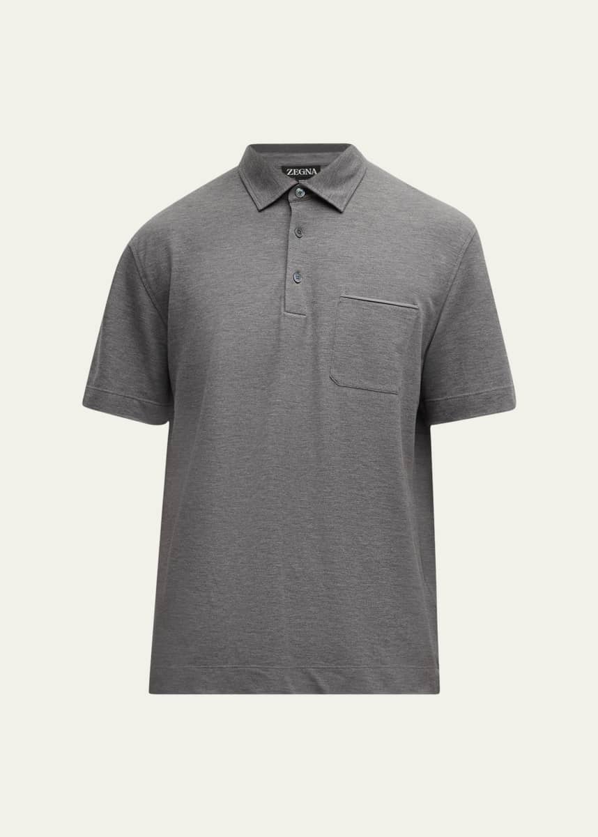 ZEGNA Men's Cotton Polo Shirt with Leather-Trim Pocket