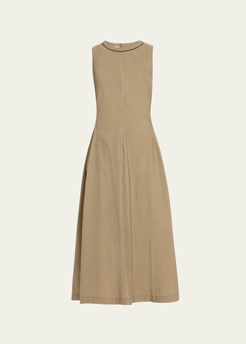 Brunello Cucinelli Techno Cotton Popeline Midi Dress with Monili Collar Detail