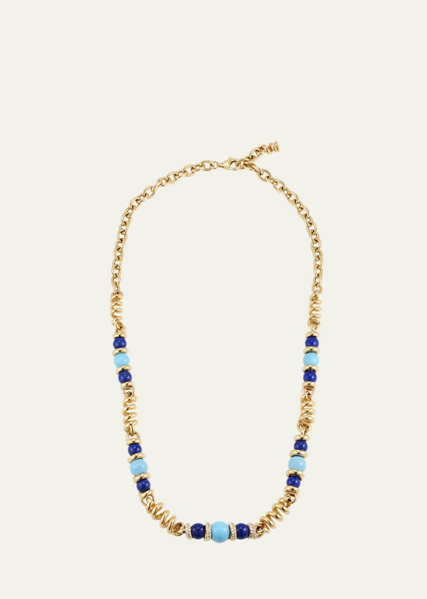 Boochier 18K Yellow Gold Turquoise and Lapis Single Diamond Slinkee Necklace